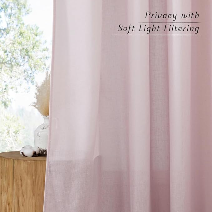 NICETOWN Blush Pink Linen Curtains for Kitchen, Thick Flax Small Window Treatments Semi Sheer Privacy Assured with Light Through for Cafe/Bathroom, W55 x L94, 2 Panels