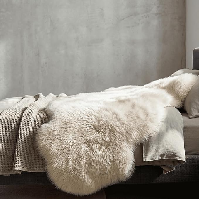 Fluffy Patchwork Sheepskin Rug with Little Patches, Fuzzy Shaggy Fur Genuine Wool Area Carpet for Bedroom Living Room Floor, Pray Pup Mat, Chair Sofa Seat Cover, Cream Brown, 2' x 6'