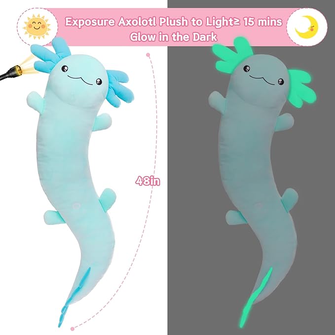 MaoGoLan Giant Axolotl Plush Body Pillow, Big Axolotl Stuffed Animal, XL Salamander Plush Pillow Toy for Kids, Glow in The Dark Salamander Plushies, Birthday Easter Gift, Baby Shower Decor, Blue