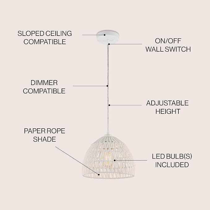 JONATHAN Y 10.25" White Modern Bohemian Woven Rope LED Pendant Light Fixture, Adjustable Dome Ceiling Lamp for Kitchen Island, Rope Shade, Coastal Farmhouse Decor (JYL6513A)