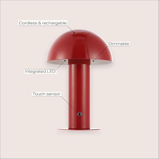 JONATHAN Y 10.75" Red Rechargeable LED Mushroom Table Lamp, Cordless Portable Bedside Lamp for Living Room Bedroom, 3-Way Dimmable Modern Iron Desk Light, Metal Shade (JYL7115G)