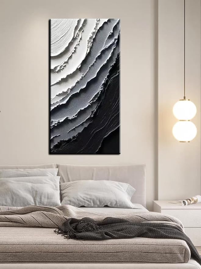 YaSheng Art -Canvas Wall Art Handmade Art Modern Abstract Wall Art, Black and White Gradient Canvas Paintings, Large Vertical Wall Art for Living Room Bedroom Office Wall Decor , 60x30inch Ready to Hang