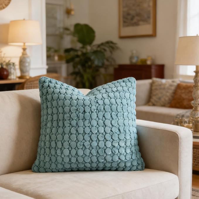 Pillow Cover 24x24 1 Piece Velvet Euro Sham Decorative Farmhouse Pillowcase Boho Square Cushion Covers Soft Bubble Texture for Couch Sofa Bed Bedroom Car Living Room，Teal