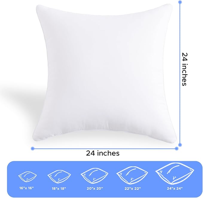 24x24 Outdoor Pillow Inserts Set of 2 Waterproof Hypoallergenic Extra Large Throw Cushion Fillers – Square Polyester White Decorative Pillows for Couch Bed Sofa Patio Furniture – Soft & Firm Support