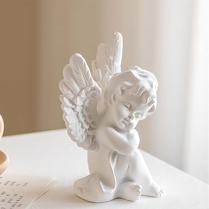 OwMell Set of 2 Cherubs Angels Resin Statue Figurine, Indoor Home Decoration, Adorable Angel Sculpture Memorial Statue 4" - White