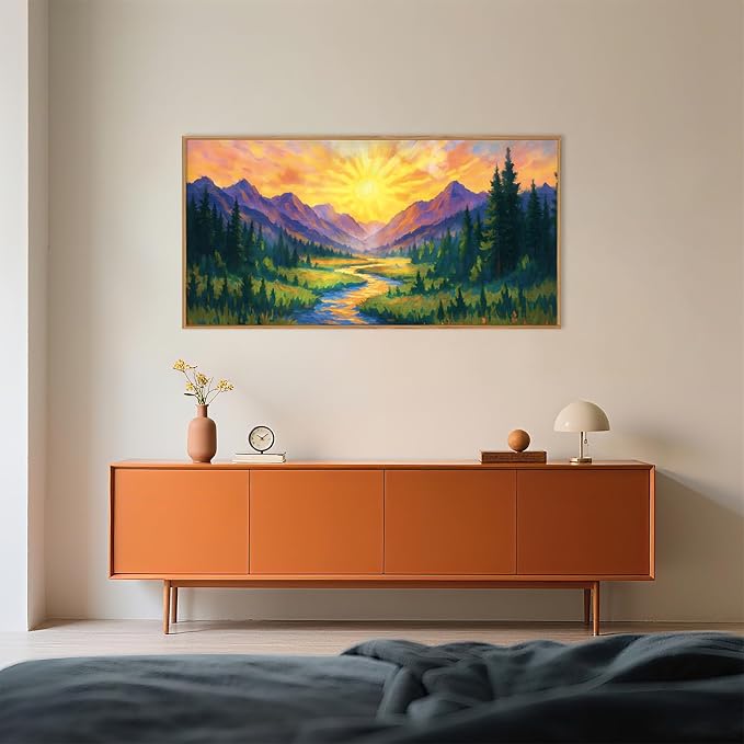 HPNIUB Boho Mountain Sunrise Framed Canvas Wall Art Set,Nature Colorful Wilderness Wall Decor,Abstract Landscape Art Print,Sunset Pine Tree River Artwork for Living Room, Bedroom,Dining Room,Office -20''x40''