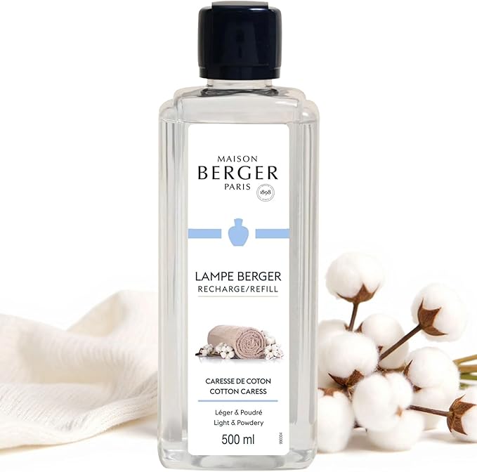 MAISON BERGER Cotton Caress Lampe Berger Refill, 500 ml (16.9 fl oz), 2-in-1 Catalytic System, Neutralizes Odors and Diffuses Fragrance, Rose, Fresh Notes, Aldehydes, Orange Blossom, Made in France