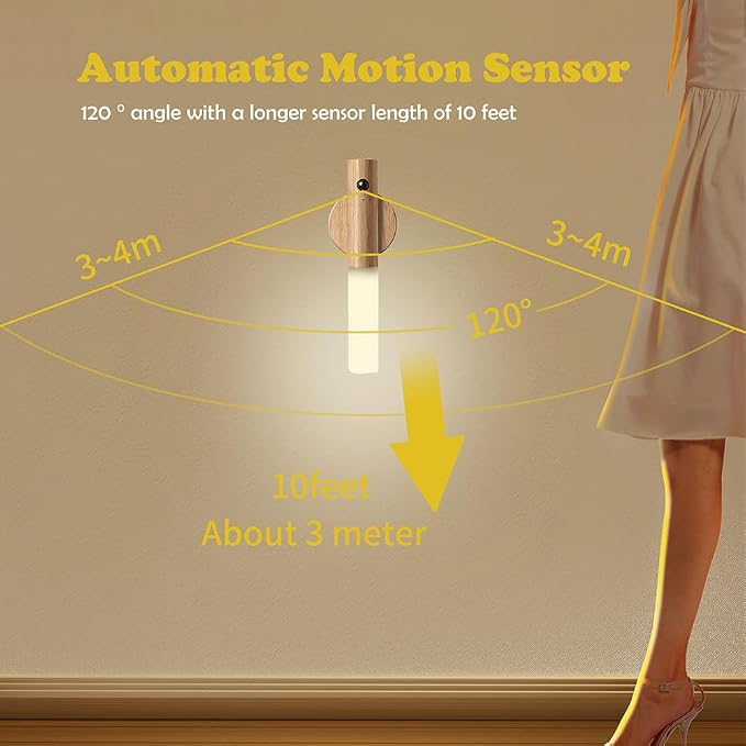 LANDGOO Wooden Motion Sensor RGB Night Lights Indoor, Magnet Body Hallway Rechargeable LED Wireless Battery Operated Wall Sconce (Ash Wood 1P)