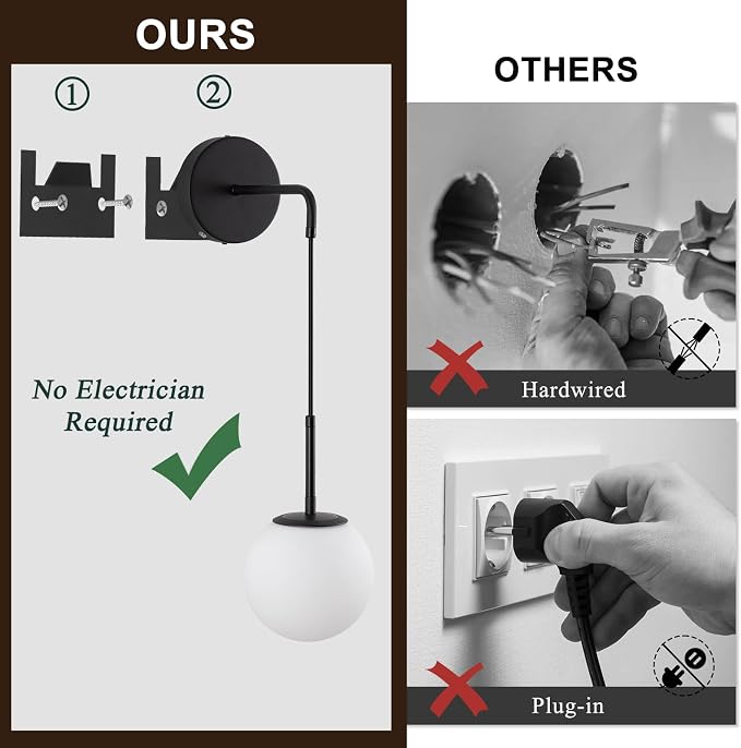 Battery Operated sconces Set of 2 Glass Globe Rechargeable Black Wall Light Fixture Wireless Wall Lights with Clear Glass Shade for Living Room, Hallway, Bedroom(2 Pack)