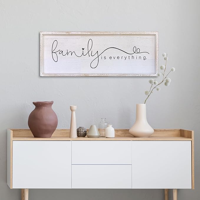 Family is Everything Wall Decor 40"x15" Living Room Large Warm Wood Framed Farmhouse Vintage Sign Home Beautiful And Simple Ready To Hang Hallway Entryway Wall Art Decoration (White)