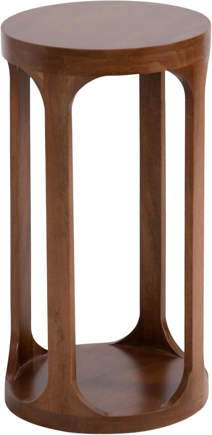 Kate and Laurel Dahl Modern Slatted Wooden Round Drink Table; 12 x 23; Walnut Brown; Transitional Wood Accent Pedestal Table for Use as Living Room Plant Stand or Small Bedroom Nightstand