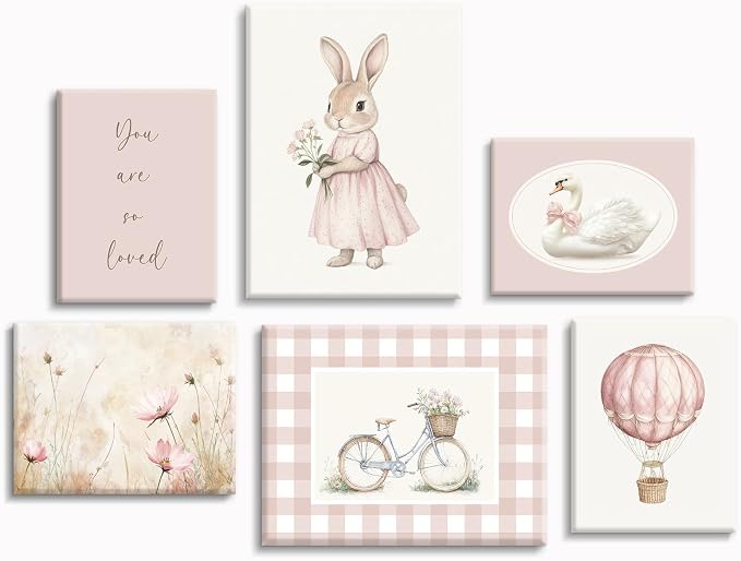 Pink Nursery Wall Art Decor Baby Girl Room Pictures Vintage Nursery Canvas Wall Decor Bunny Prints Floral Swan Poster Cute Rabbit Painting Artwork for Toddler Girls Bedroom 12x16x6 Inch Wrapped Canvas