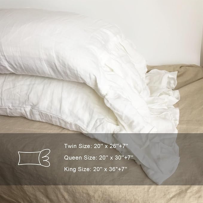 French Linen Pillow Case, 20x30'' Queen Size Pure 100% Linen Flax Pillow Cover 1 Pack, Ruffled Pillow Sham Soft and Breathable (Queen, White, 1 PCS)