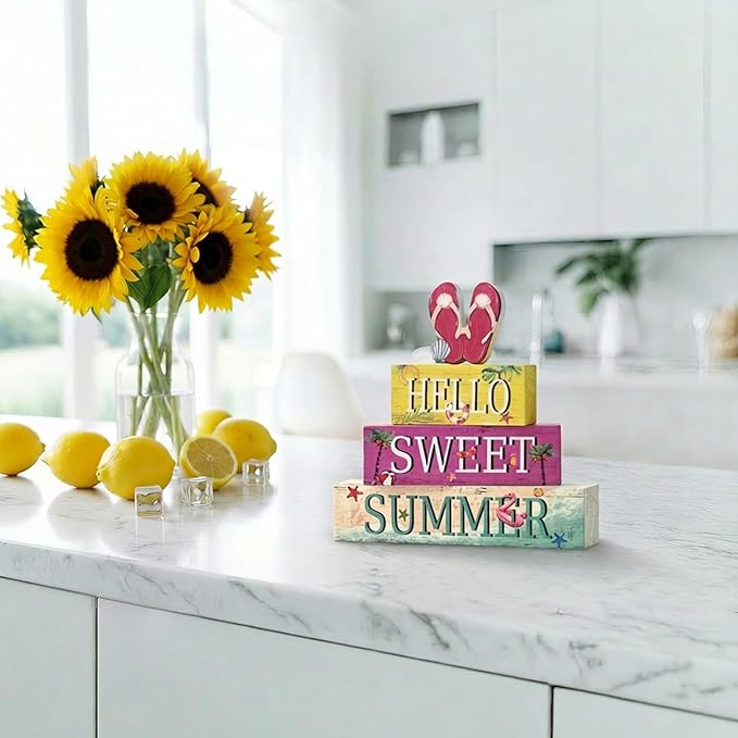 Smile 4 Pcs Summer Indoor Wooden Decor, Beach Flip Flop Hello Sweet Summer Tiered Tray Farmhouse Table Decoration for Home and Office
