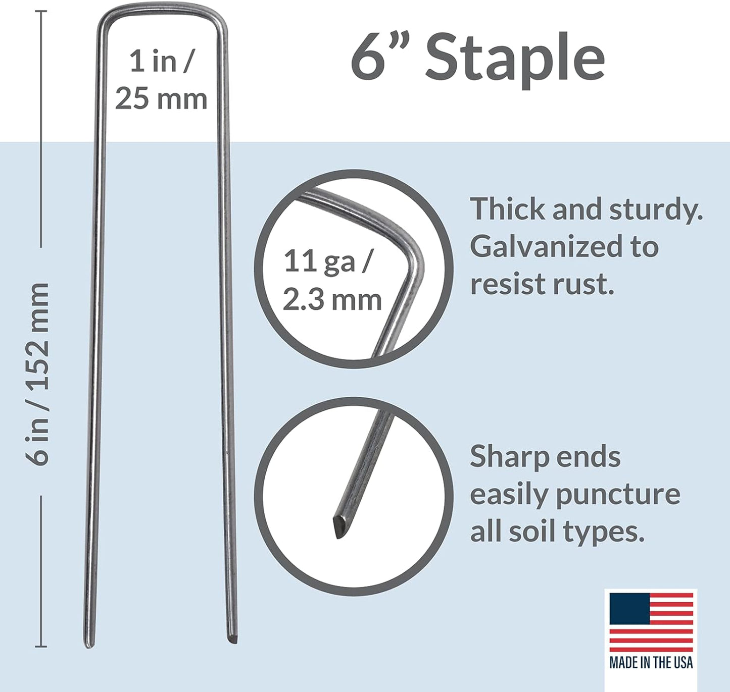 Pinnacle Mercantile USA Made 50 Pack Garden Landscape Staples Weed Barrier Fabric Stakes Galvanized 6 inch Pins Anti Rust Sod Staple 11 Gauge Steel