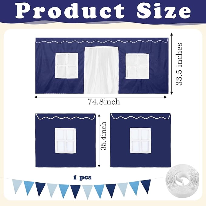 Breling 3 Panel Bunk Bed Curtains for Bottom Loft Bed Tent Set with Felt Flag Double-Layer Twin Bunk Curtains Playhouse Accessories for Boy Girl Bedroom(Blue and White)