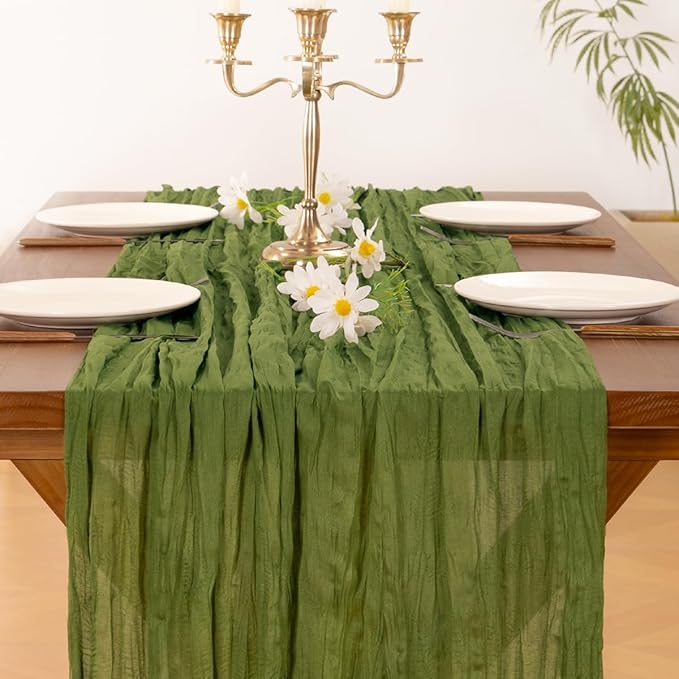 Socomi 2pcs Campsite Green Easter Spring Cheesecloth Table Runner Boho Rustic Gauze 120 inch 10FT Cheese Cloth Runner for Wedding Party Baby Shower Birthday Home Decor Holiday Decorations