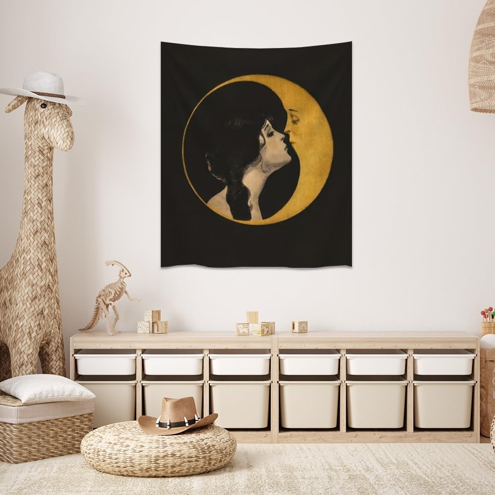 Dark Academia Woman Kissing Moon Art Tapestry Gothic Aesthetic Wall Hanging Witchy Picture Print Moon Goddess Tapestries Wall Decor for Living Room Bedroom Dorm 70x90inch