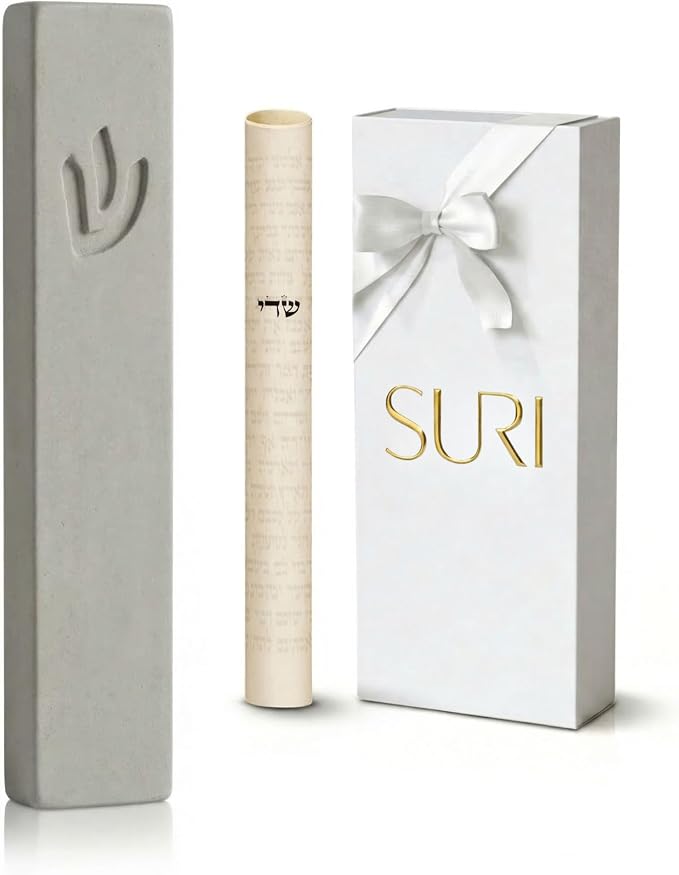 SURI Mezuzah for Door – 4 Inch Light Gray Concrete Mezuzah Case with Non Kosher Scroll, Judaica Entry Design, Fits a 3 Inch Mezuza Scroll, Gift Box Included