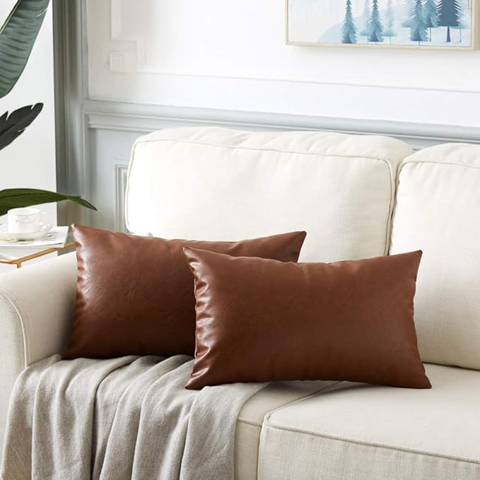 Fancy Homi Brown Boho Lumbar Faux Leather Decorative Throw Pillow Covers 14x24 Inch for Living Room Couch Bed Sofa, Solid Rectangle Cushion Case 35x60 cm, Rustic Modern Farmhouse Home Decor
