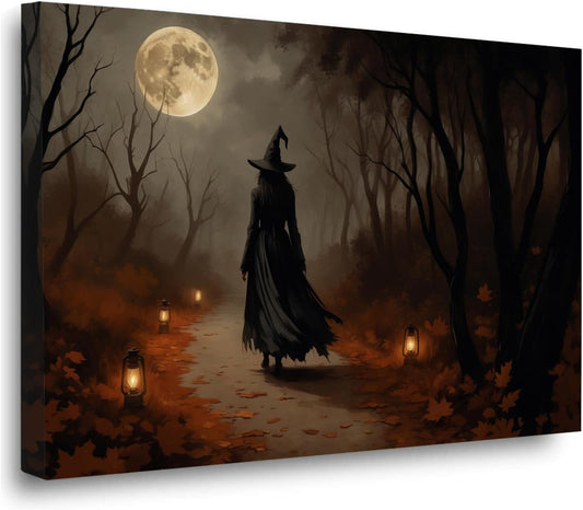 Moonlight witch poster dim lantern Halloween decoration Gothic style dark retro college style canvas wall art suitable for living room bedroom20x30in Wood Framed