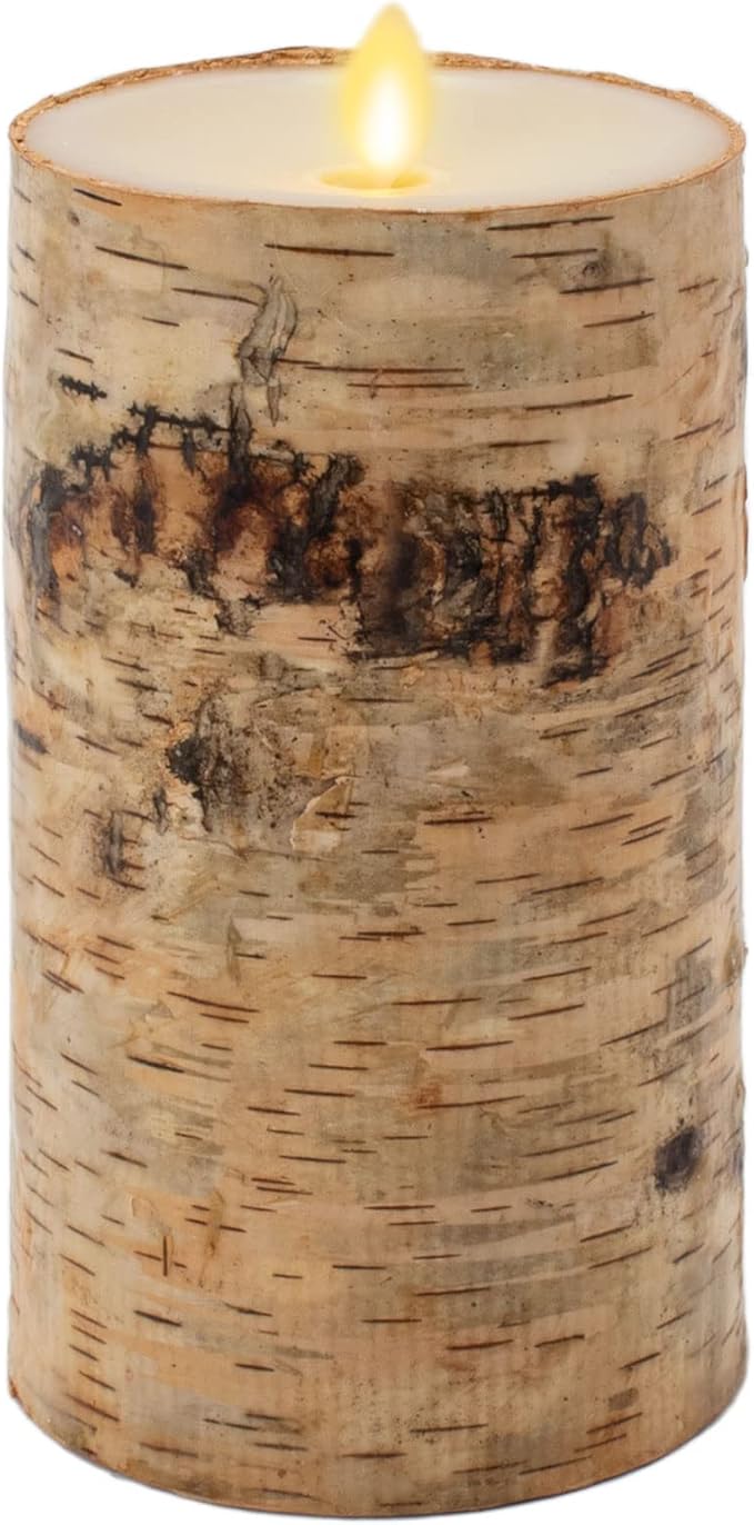 Luminara Realistic Artificial Flame Pillar Candle Wrapped with Real Birch Bark - Moving Flame LED Battery Operated Lights - Unscented - Remote Ready - Remote Sold Separately - 4.0" x 7.0"