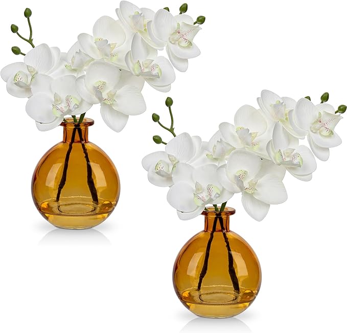 White Orchids Artificial Flowers Faux Orchid Arrangement with Amber Glass Vase Set of 2 Real Touch Phalaenopsis Orchid Flowers Orchid Centerpiece for Dining Room Table