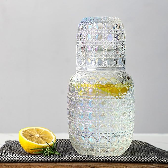 Bedside Water Carafe and Glass Set, Vintage Floral Glass Carafe with Tumbler Cup, 15oz Nightstand Water Pitcher for Bedroom, Decorative Mouthwash Decanter for Bathroom, Colorful Glassware