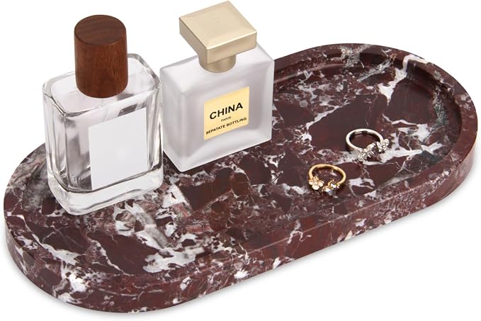 Natural Marble Tray Oval, Bathroom Vanity Tray for Countertop, Elegant Stone Decorative Organizer for Perfume, Jewelry, Home Decor (1, Rosso Lepanto, 10 x 5 x 0.6)