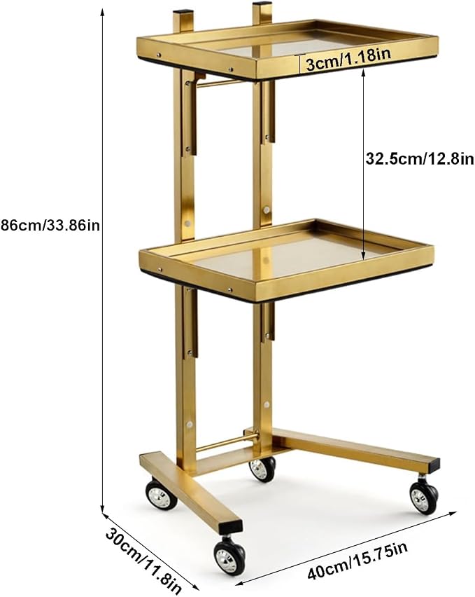 2-Tier Metal Rolling Cart – 34-Inch Folding Stainless Steel Salon Tray on Wheels, Utility Storage Trolley for Estheticians, Salon Studios and Shops, Dental Tools, Gold