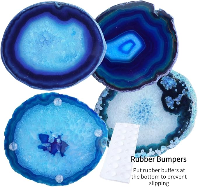 Crystal Coasters Set of 4 Agate Coaster Teal Irregular Dyed 4-5" for Drinks Coffee Wine Bar Glasses with Rubber Bumpers