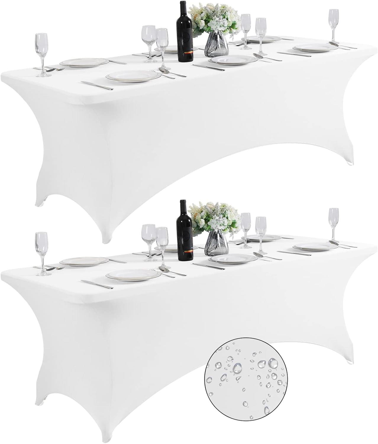 SuperO 2Pack Waterproof Spandex Table Cover for 8FT Table Universal Fitted Stretch Tablecloth for Party, Banquet, Wedding and Events-White