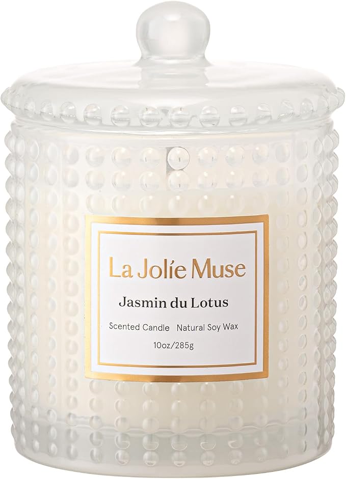 LA JOLIE MUSE Jasmine Lotus Scented Candles for Home, Natural Soy, 55 Hrs | Large Jar Luxury Candles, Clean Non Toxic, Floral Candle Gifts for Women & Mom, Decorative White Candles, Engaged Candle Gift