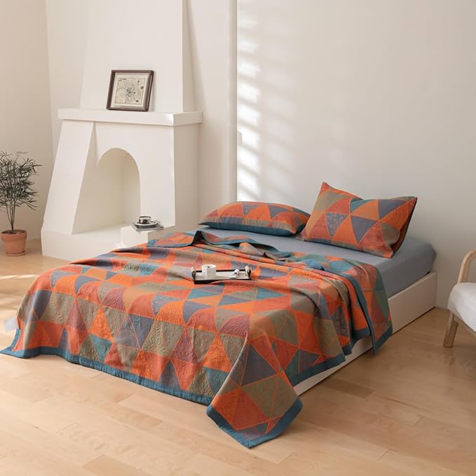 100% Cotton Muslin Blanket Jacquard Bohomian Mandala Triangle Quilt, Soft Bed Cover 3 Layers Reversible Bedspread Coverlet Breathable Lightweight Bedding King(98"x94"), No Pillow Sham