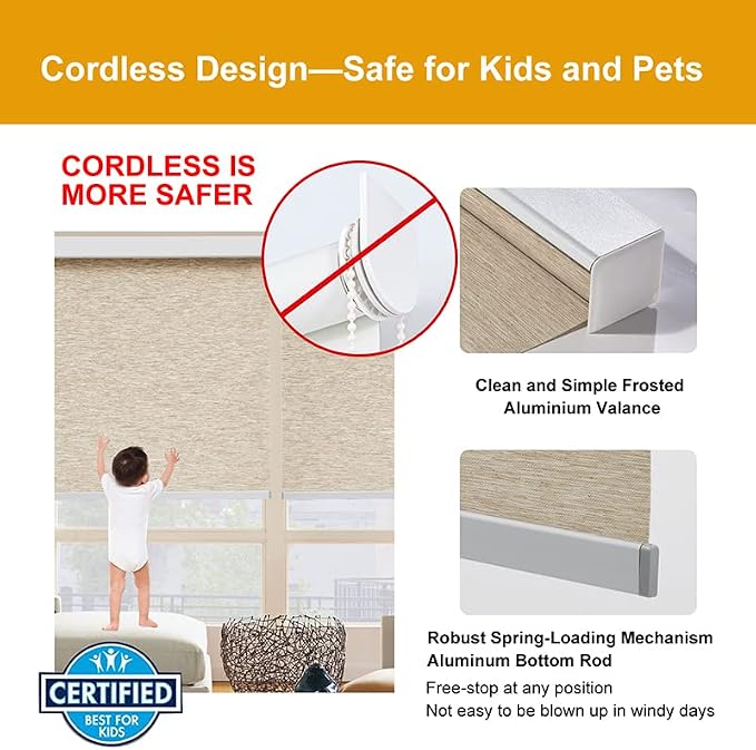 Persilux Free-Stop Cordless Windows Shades Light Filtering Roller Blinds for Windows (Khaki 28" x 72") Natural Woven Fabric UV Protection Privacy Roller Shades for Windows, Home, Office, Doors