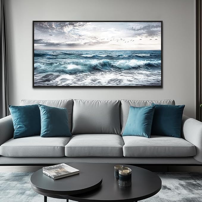 QIYILEXWART Black Framed Canvas Wall Art For Living Room Large Wall Decor For Office Bedroom Decoration Modern Watercolour Picture Ocean Waves Painting Artwork Room Ready To Hang