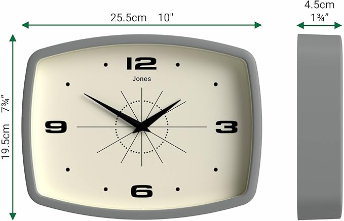 JONES CLOCKS® Movie wall Clock | Retro Rectangular Clock | 10 inch | Gray | Cool mid-Century Designer Look for Kitchen, Living Room or Office