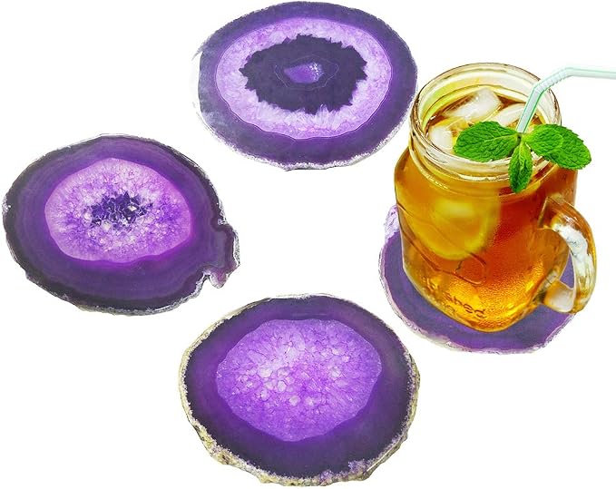 Natural Agate Coasters Set of 4, Dyed Purple 3.5-4" Geode Slices, Crystal Stone Drink Coasters with Rubber Bumpers for Mug, Coffee Cups & Glassware, Unique Home Decor