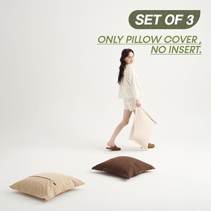 COCO TOP Pack of 3 Boho Vintage Accent Throw Pillow Covers 20x20inch, Soft Corduroy with Stripes Pillow Covers Pillowcases Farmhouse Home Decor for Living Room Bedroom (Deep Brown, Beige & Camel)