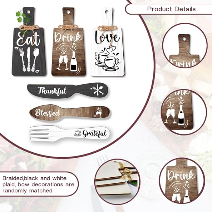 PH PandaHall 6pcs Kitchen Wall Decor Start Drink Sign Set Wood Pendant Accessories Mini Wood Plaque Fork and Spoon Shape Decorations Rustic Style Home Dector Black Brown White 11x5.5 inch/11.8x2 inch