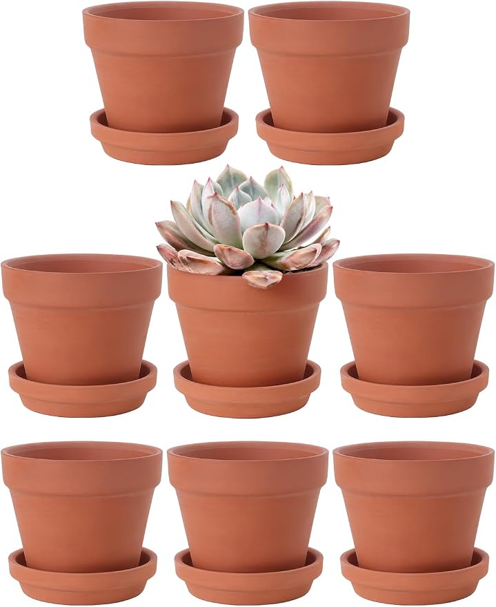 INGOFIN 4 Inch Terracotta Pots with Saucers, 8 Pack Shallow Clay Plant Pots with Drainage Holes for Succulents, Cactus, Herbs, Small Terra Cotta Pots for Indoor Outdoor, Set of 8