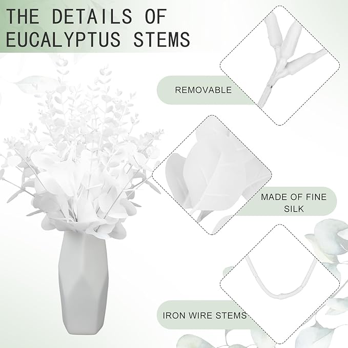 Giegxin 90 Pcs 3 Kinds Mixed Artificial Eucalyptus Leaves Stems Bulk Silver Dollar Leaves Picks Dried Eucalyptus Bundle Faux Spray for Wedding Vase Bouquet Floral Arrangement (White)