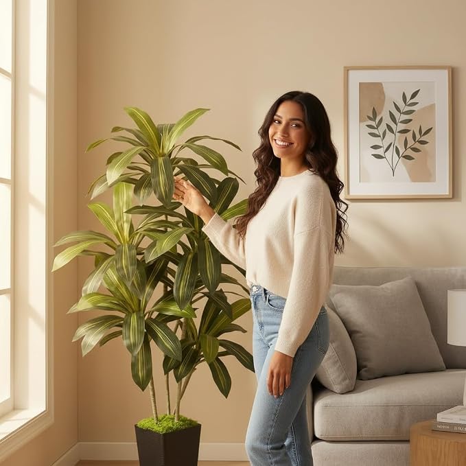 6ft Artificial Dracaena Tree | Realistic Faux Dragon Tree, Silk Tree with Pot, Indoor Home Office Decor For Corner, Modern Floor Plant