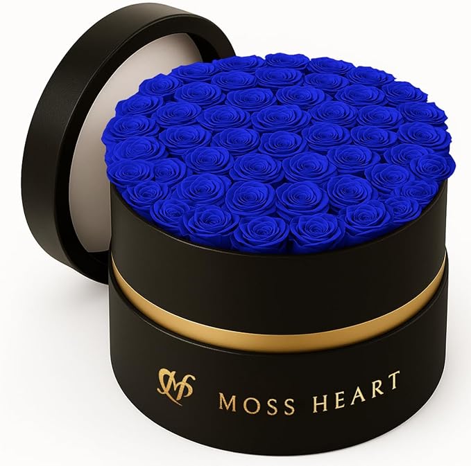50 Petite Preserved Roses, Designer Round Box, Real Forever Roses Last 1+ Year, Premium Gift for Women, Wife, Girlfriend, Mother’s Day, Birthday, Anniversary, Valentine’s Day
