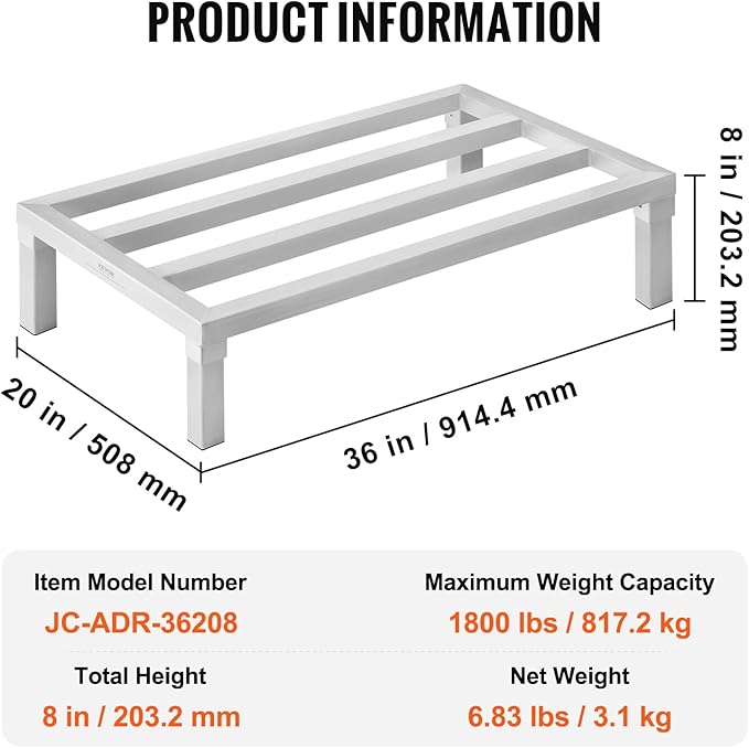 VEVOR Aluminum Dunnage Rack, 36” x 20” Commercial Food Floor Rack, 8” Off the Floor, 1800 lbs Capacity All-Welded Aluminum Storage, for Storage in Restaurants, Kitchens, Garages and Vehicles