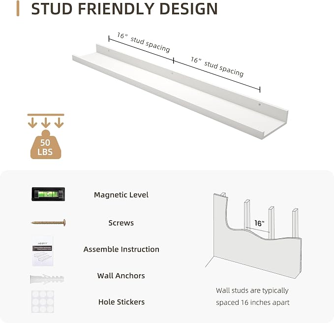 Acovy Picture Ledge Shelf, Wood Floating Shelves, 36 inch, White, Set of 2 | Photo Ledge, Wall Mounted, For Nursery Book Living Room Kids' Room Bedroom