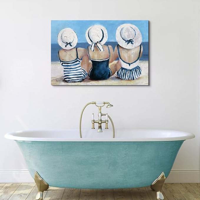 Vintage Beach Wall Art Coastal Bathroom Decor for Girl Navy Blue and White Tropical Ocean Seascape Canvas Prints Picture Retro Swimsuit Woman Nautical Artwork for Living Room Bedroom Decoration 24x36"