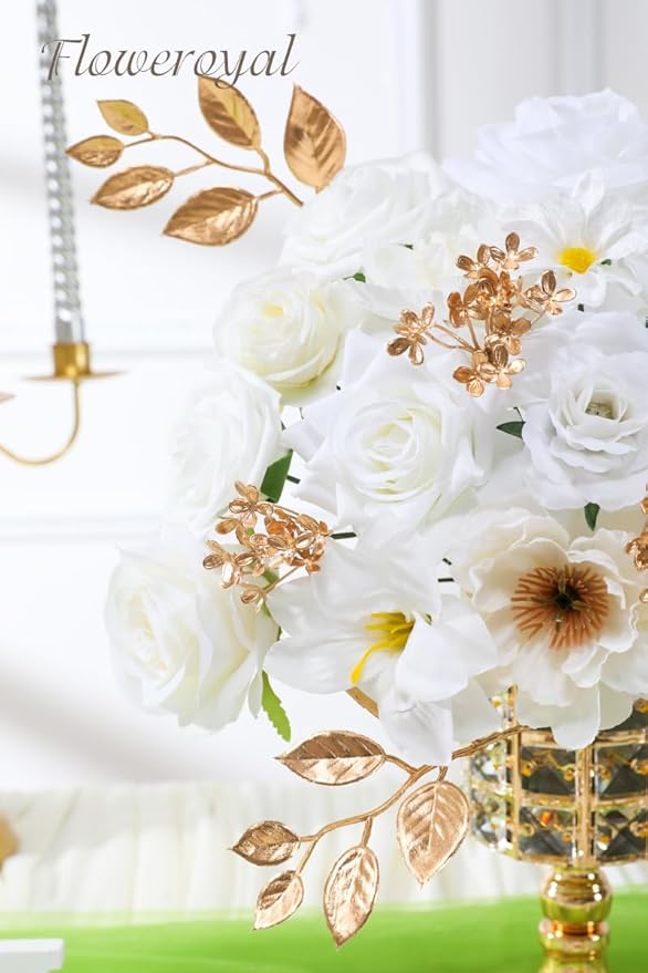 Floweroyal Artificial Flowers Combo Pure White Flowers Mix Silk Flowers Fake Roses with Stems for DIY Wedding Bridal Bouquets, Baby Shower, Floral Arrangement, Table Centerpieces, Home Decorations.
