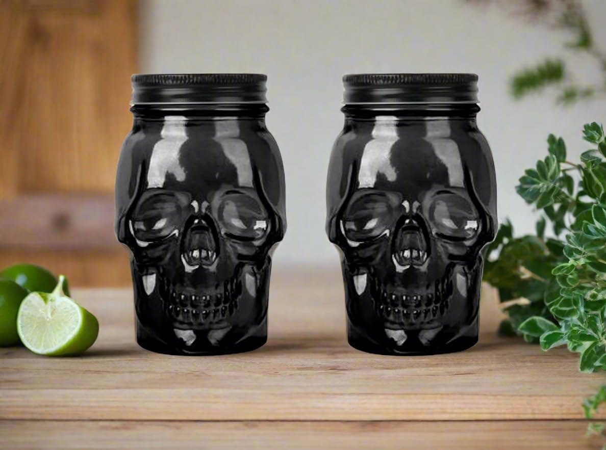 Set of 2 Skull Mason Jar Glasses with Lids | 16oz Reusable Halloween Drinking Glasses | Unique Skull Décor, Storage, & Canning Jars for Parties & Gifts