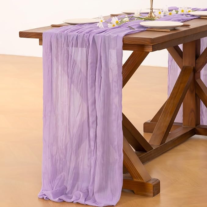 Socomi 6pcs Lilac Purple Lavender Cheesecloth Table Runner Easter Spring Boho Rustic Gauze 120 inch 10FT Cheese Cloth Runner for Wedding Party Baby Shower Birthday Home Decor Holiday Decorations